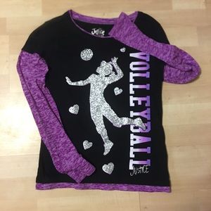 A purple and black long sleeve shirt, for girls.
